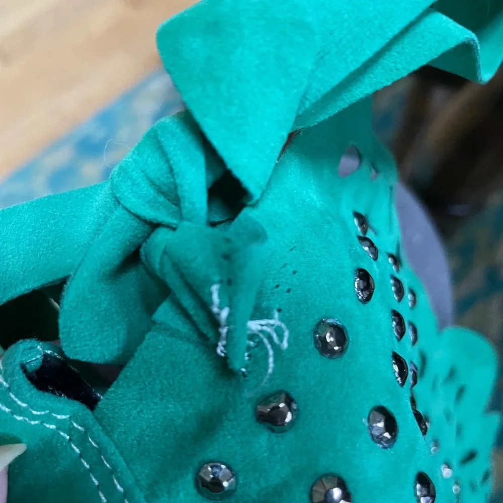 Over the Knee Edgy Flat Wedge Embellishment Boho Y2K Suede Green Boots Size 4